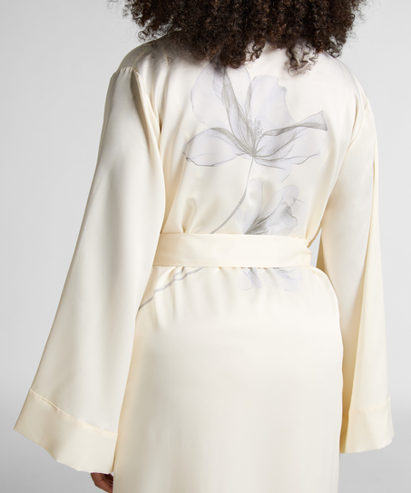 Kimono Long Satin Floral, Blanc