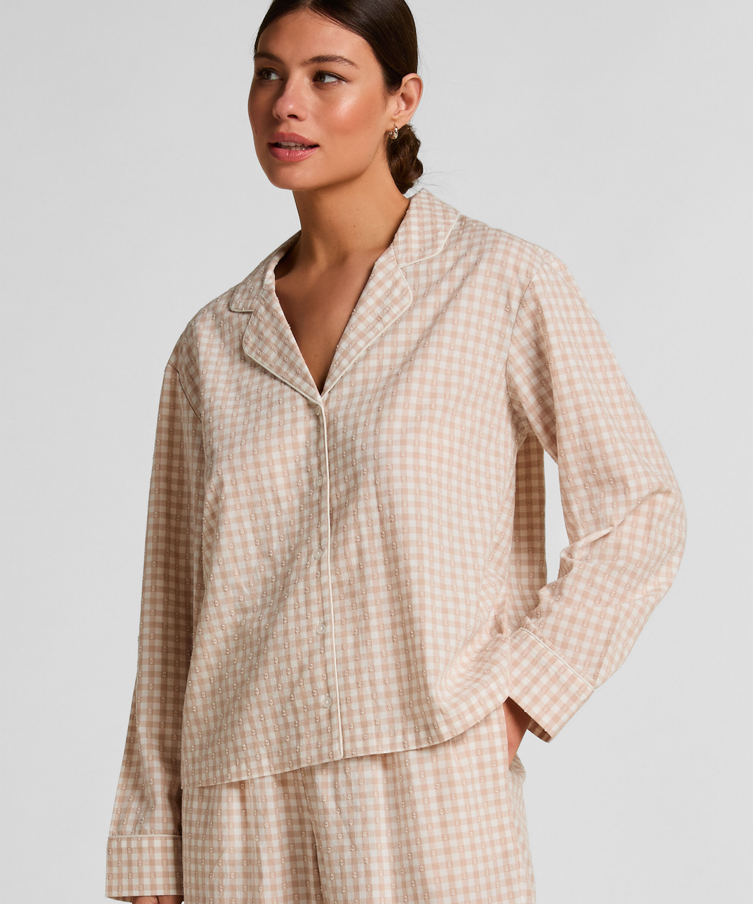 Veste de Pyjama Dobby en Coton Tissé, Beige