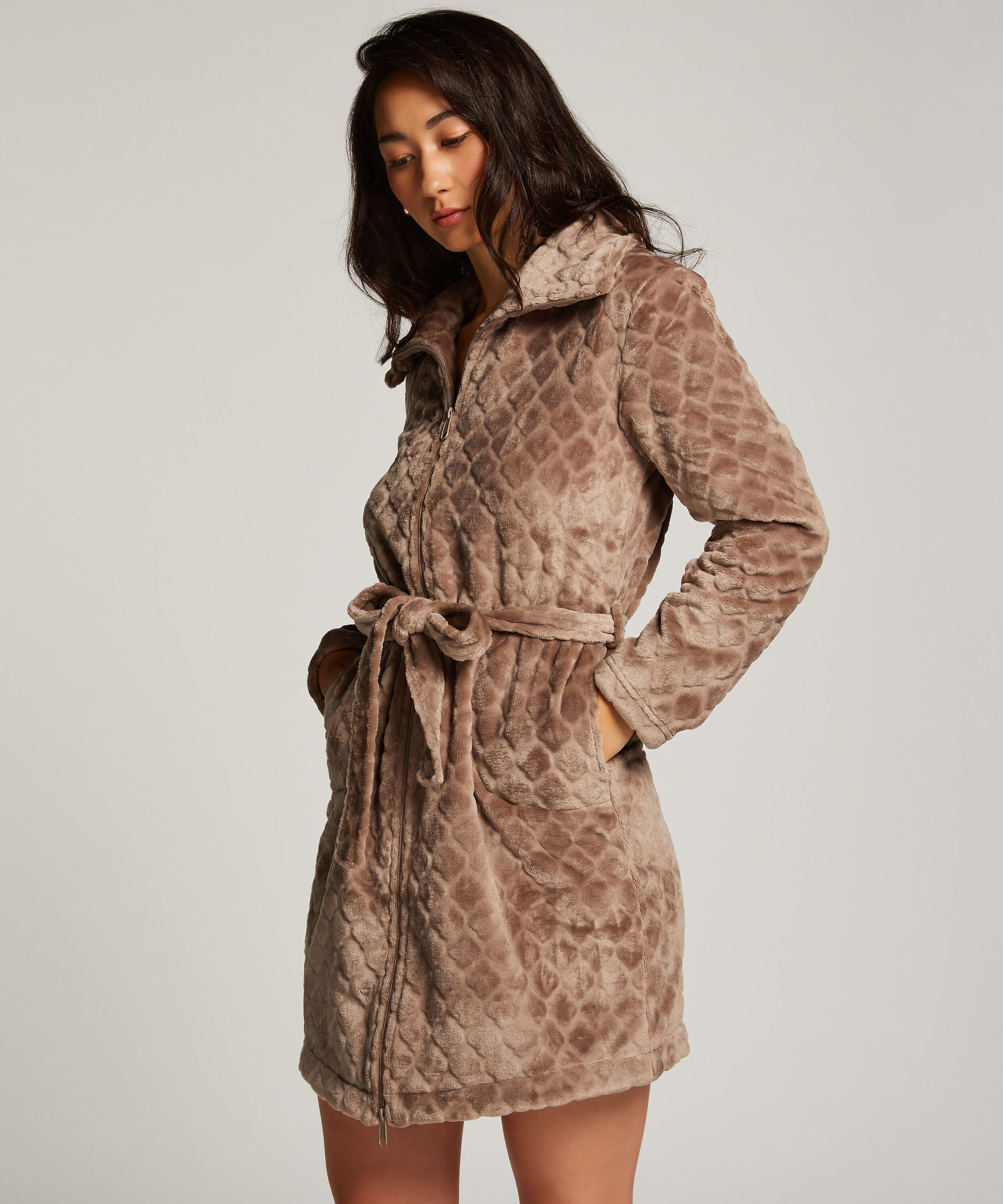Peignoir en molleton avec fermeture éclair, Marron Peignoir en molleton avec fermeture éclair, Marron