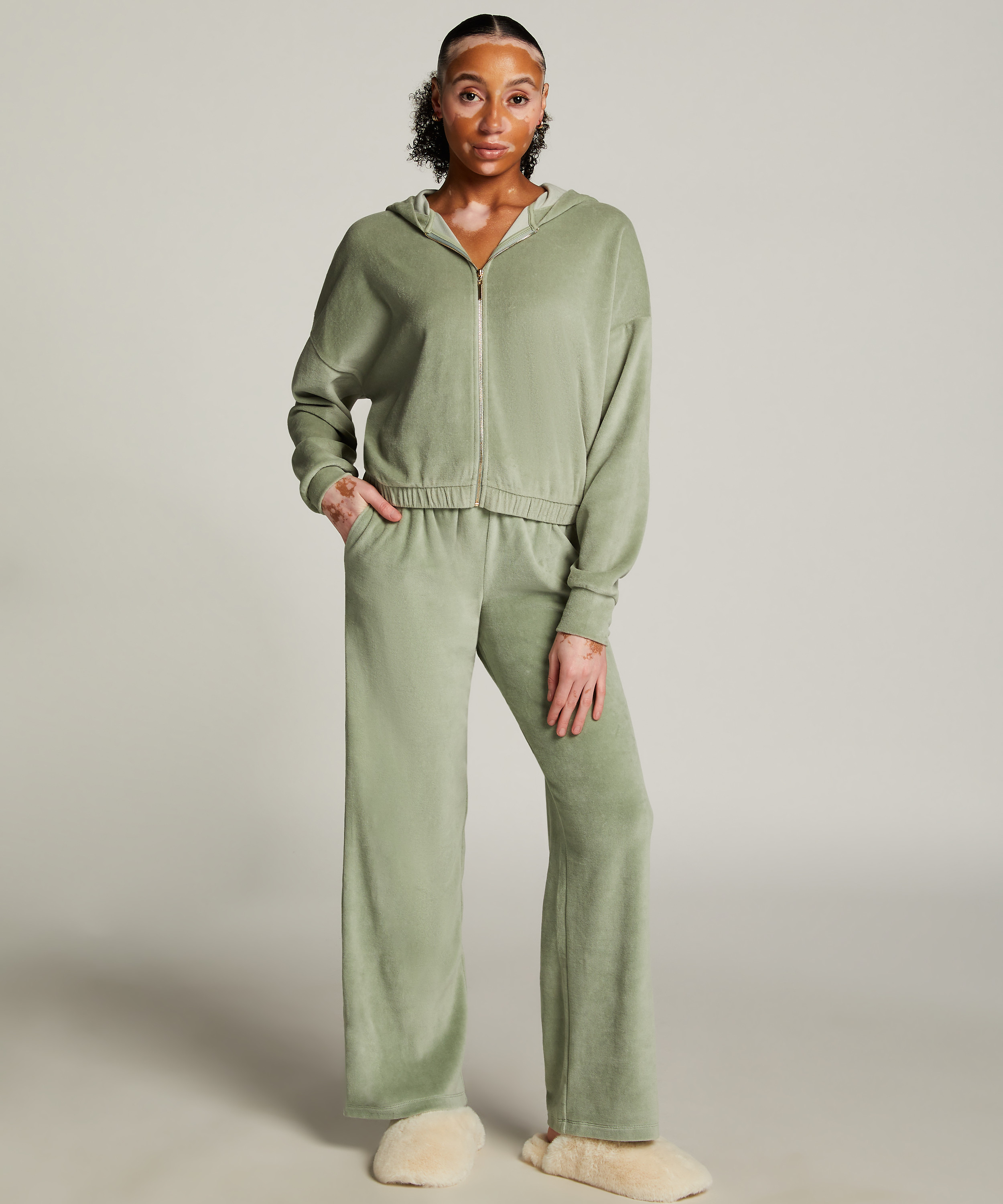 Pantalon de pyjama velours, Vert, main