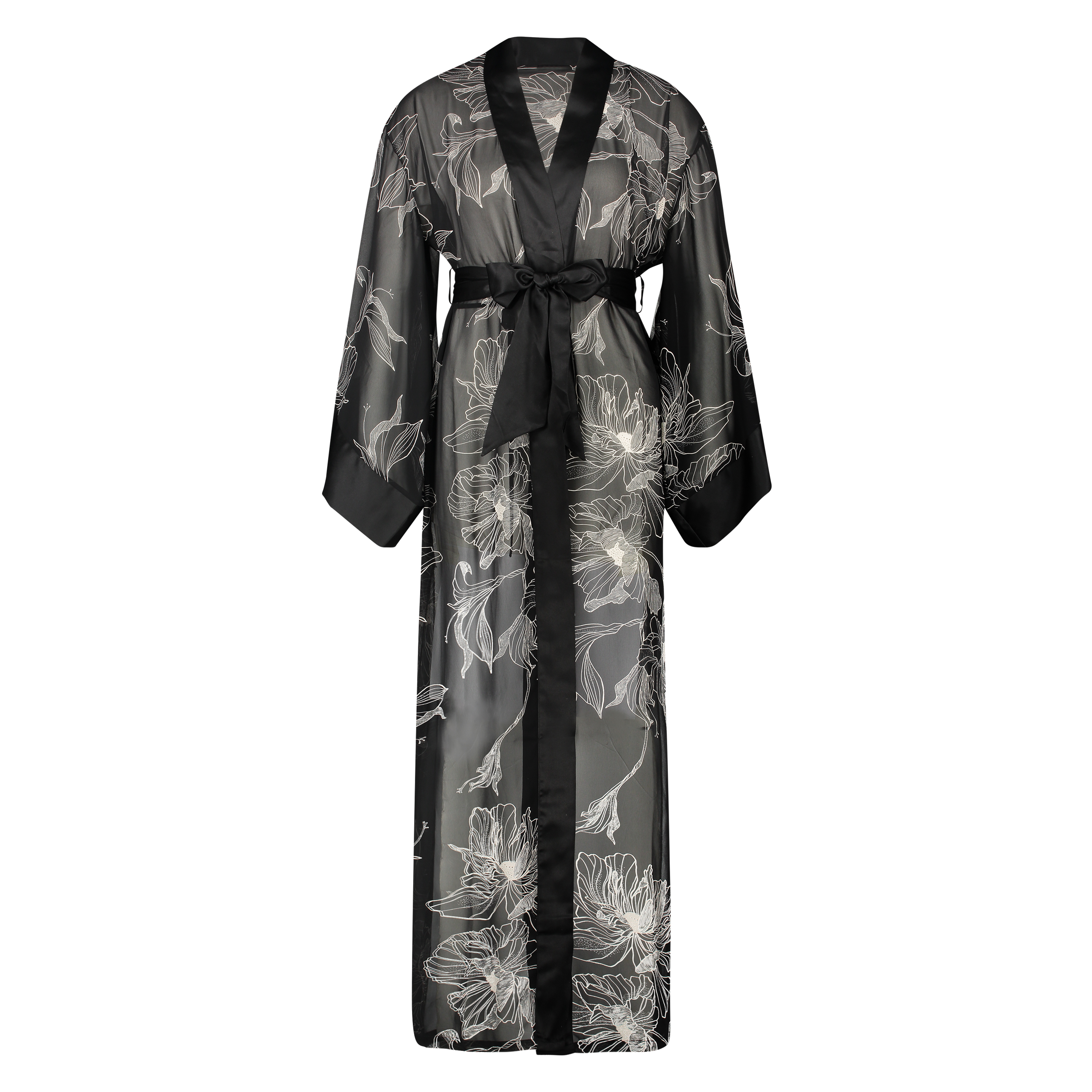 Kimono long chiffon lotus, Noir, main