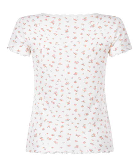 Haut à manches courtes en dentelle côtelée, Blanc