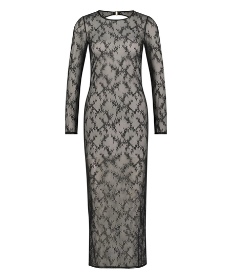 Nuisette moulante à manches longues en dentelle, Noir