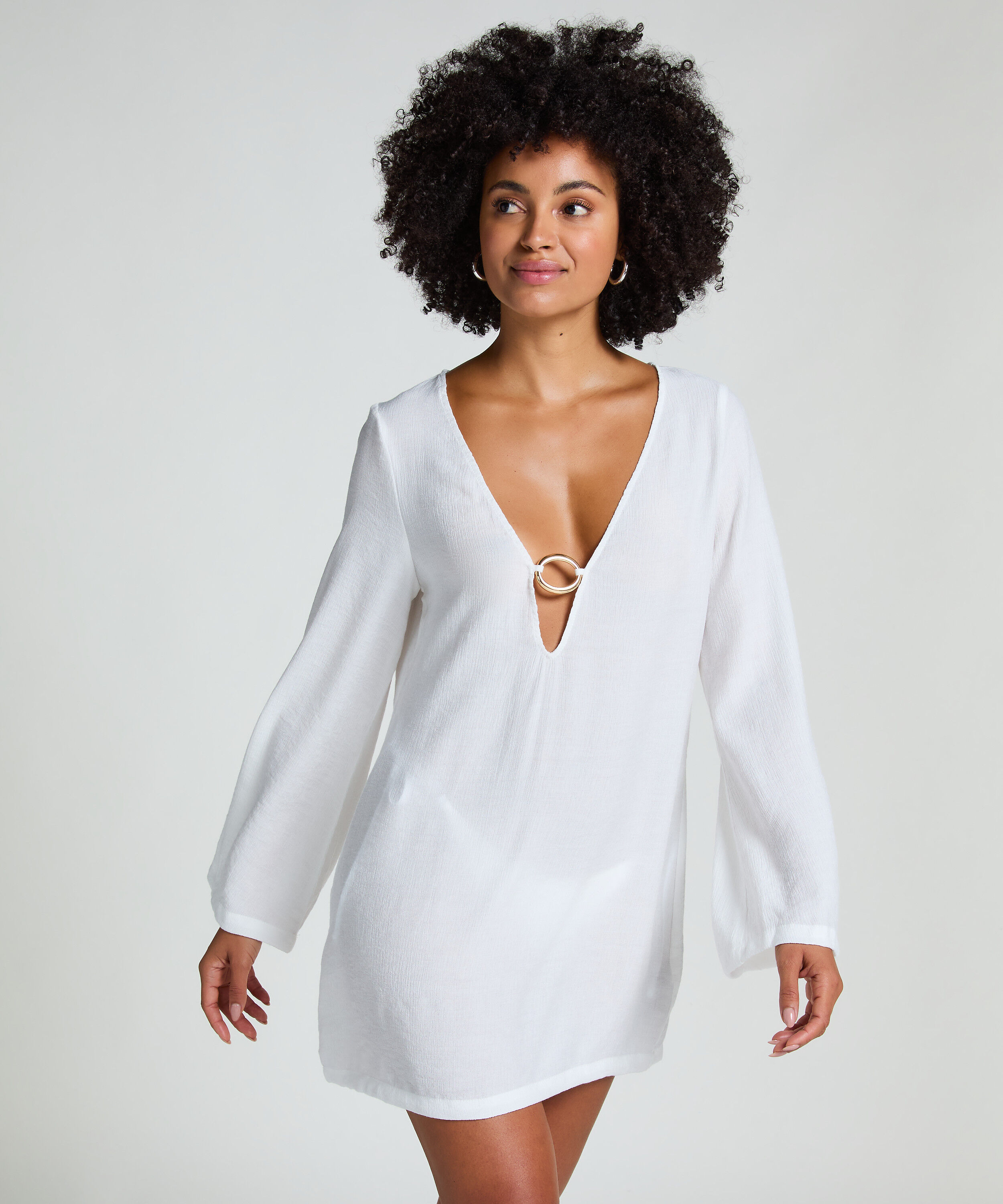 Robe de plage à manches longues et anneaux, Blanc