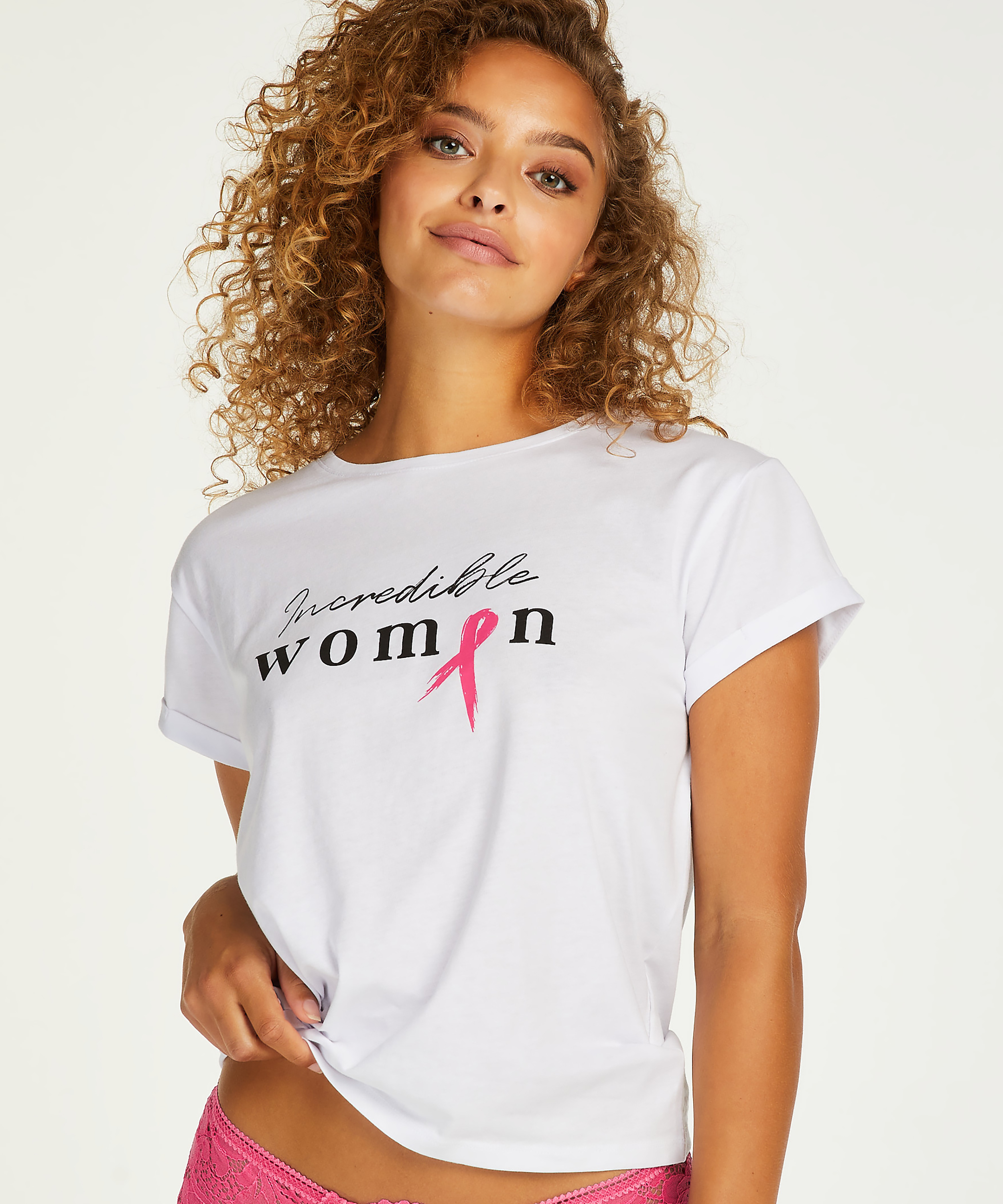 Top manches courtes Pink Ribbon, Blanc, main