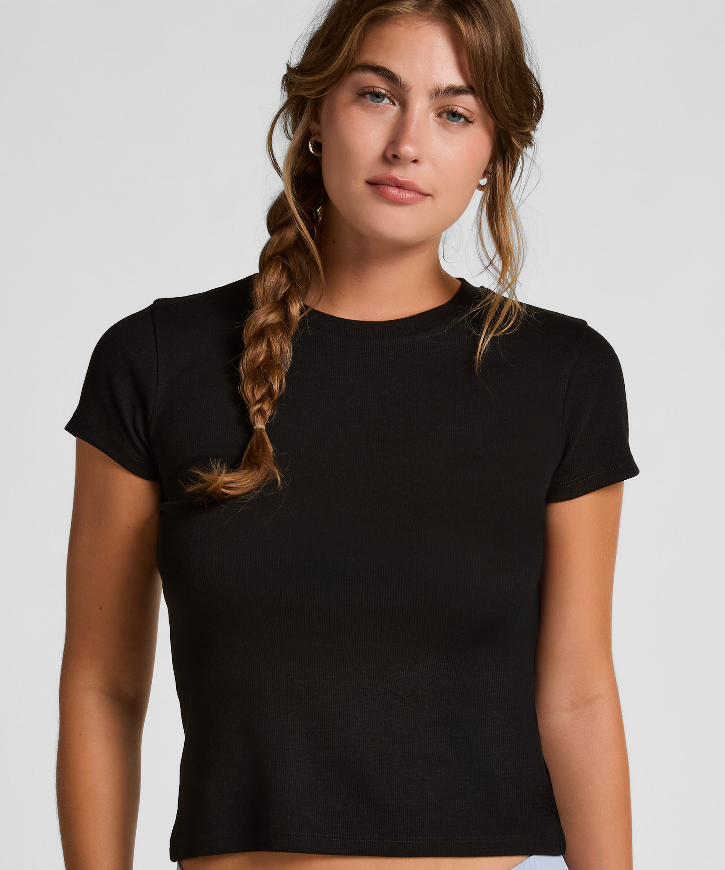 Haut de pyjama manches courtes rib crew neck, Noir