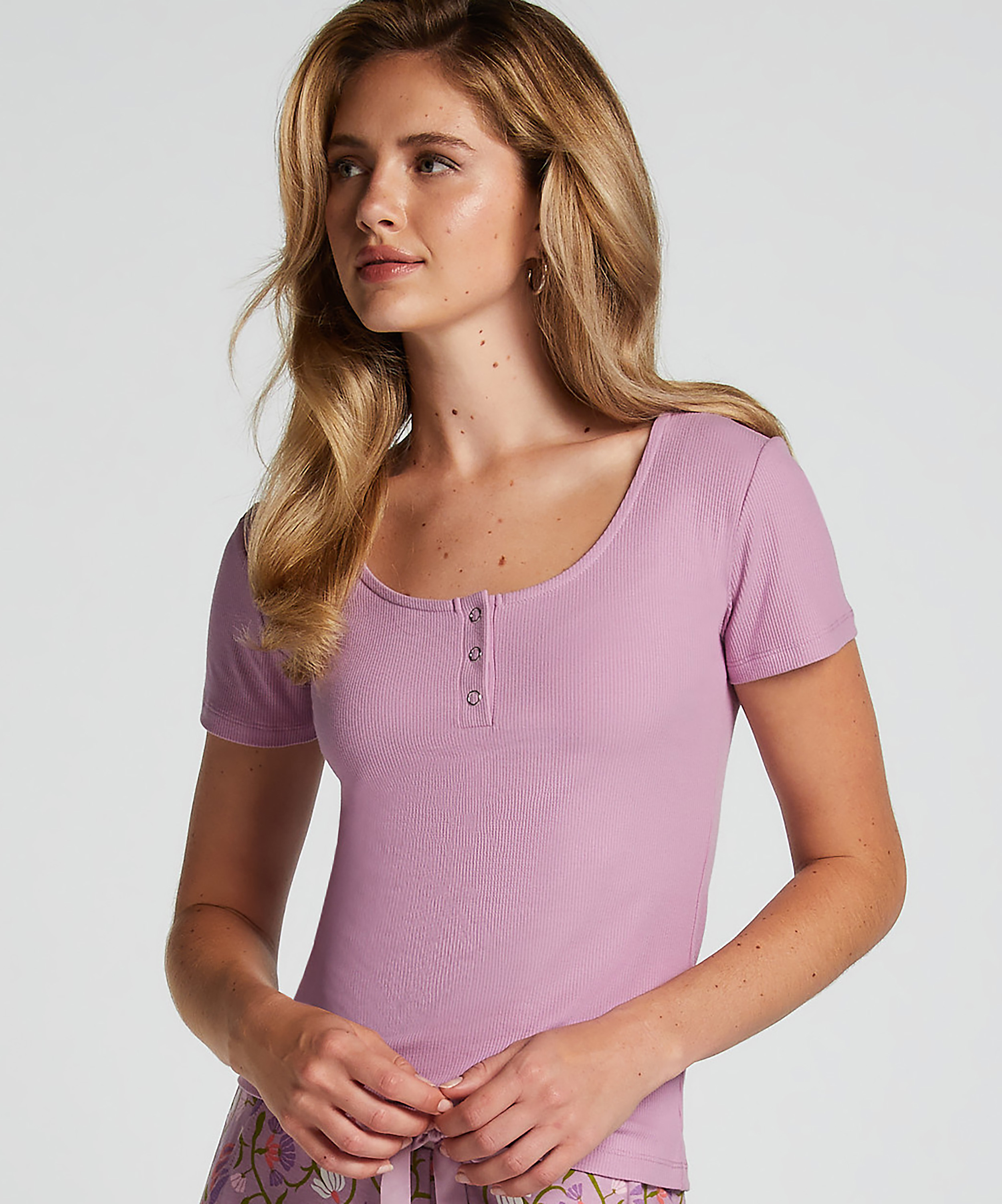 Haut de pyjama manches courtes Henley, Violet, main