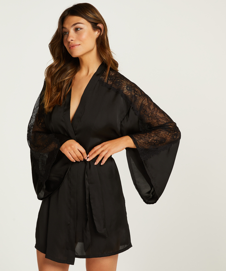 Kimono en dentelle satinée, Noir