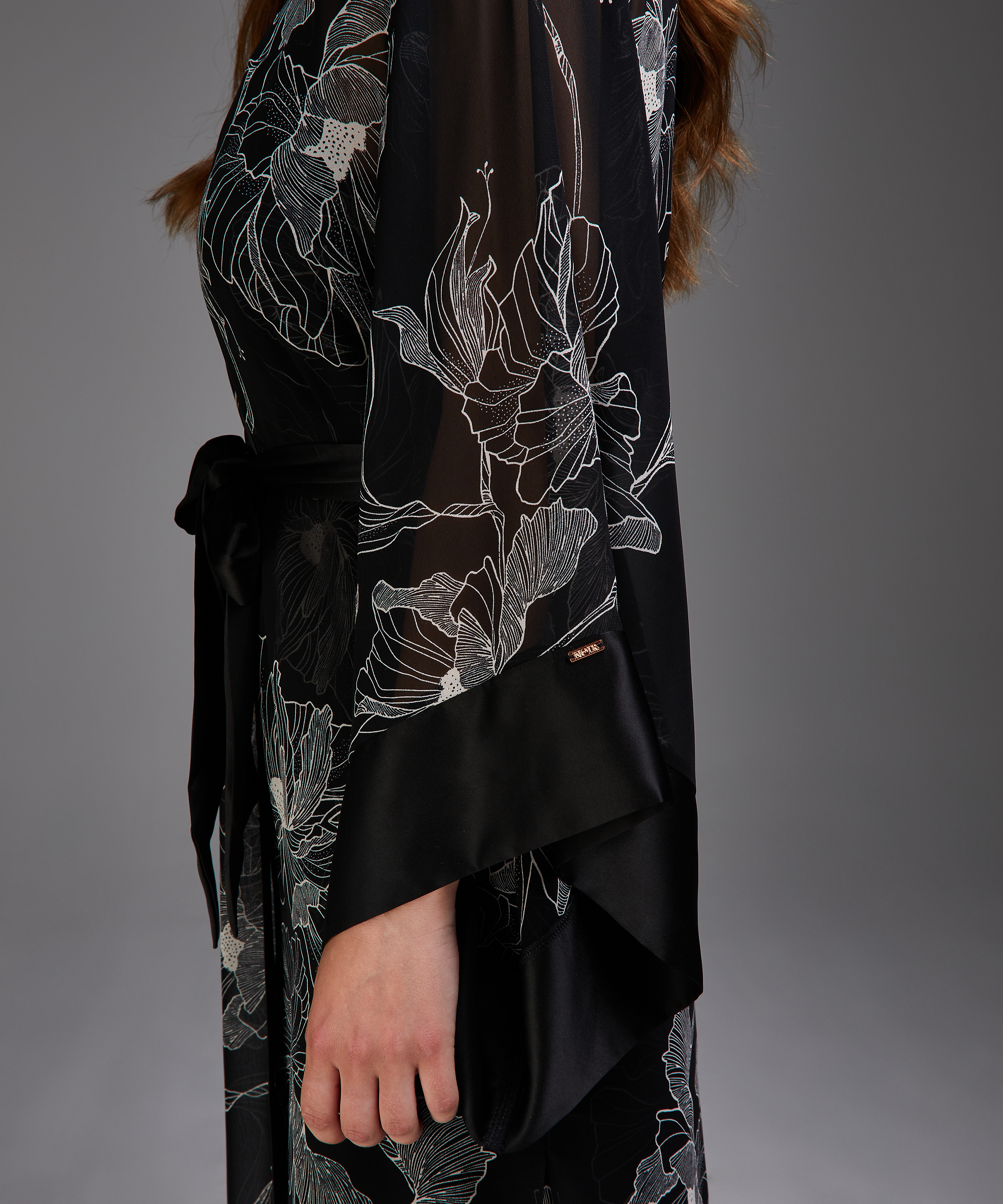 Kimono long chiffon lotus, Noir, main