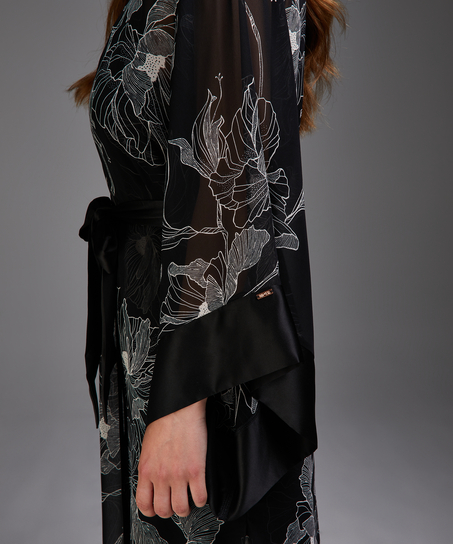 Kimono long chiffon lotus, Noir