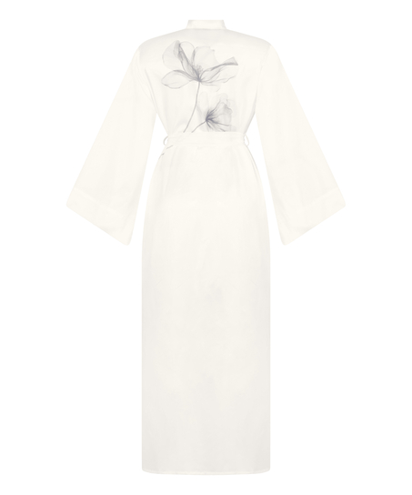 Kimono Long Satin Floral, Blanc